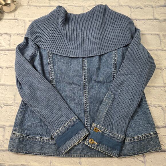 Liz Claiborne Denim Jean Jacket Knit Sleeves Shawl Collar Pocket Cuff Trim sz 14 - Picture 4 of 16
